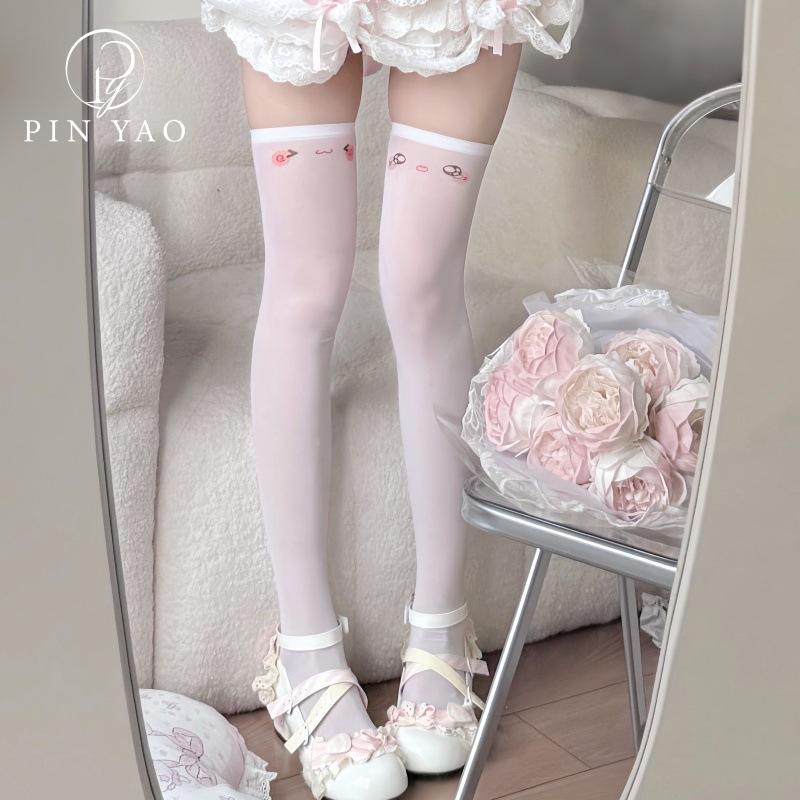 Japanese Pure Desire Two-Dimensional Sweetheart Kaomoji Cute Print Subculture Knee Socks Classic Stockings White Stockings Jk