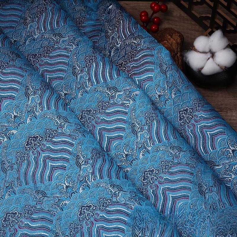 100x150cm High Quality Jacquard Brocade Fabric Thick Soft Bamboo Leaf for Women Dress Hanfu Upholstery Sewing Cloth Gold Blue