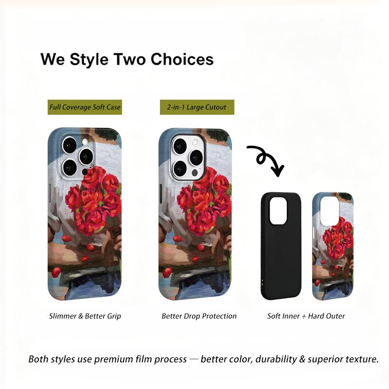 Impressionist Romantic Bouquet Red Rose Oil Painting Fine Art Film Aesthetic Protective Shockproof Bumper Case Cover For iPhone 14 15 16 Pro Max Plus