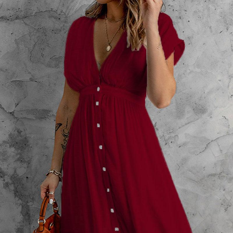 Women Maxi Dress Long Holiday V Neck Beach Buttons Ladies Summer Sundress