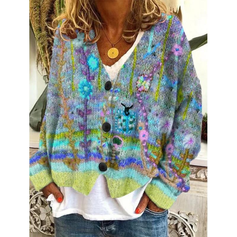 Womens Soft Knit Cardigan Sweater With 3D Print Design Loose Fit Casual Open Front Long Sleeve Pullover