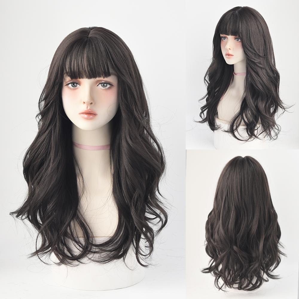Lange Lockige Haare Damen Perücke mit Pony Täglich Braun Schwarz Rosa Lolita Cosplay Geflochtene Perücken Hitzebeständige Faser Party Kunsthaar