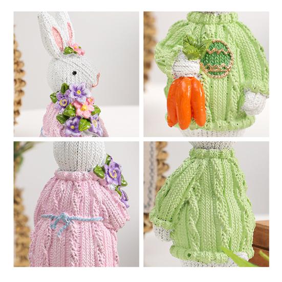 Easter Bunny Figurine Resin Rabbit Statue Holding Flowers/Carrots Spring Tabletop Ornament for Home Office Desk Shelf Decor