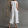 Women's Fashionable Color Button Sleeveless Pocket Casual Retro Wide Leg Seven Part Jumpsuit