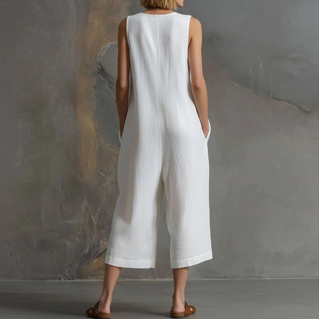 Women's Fashionable Color Button Sleeveless Pocket Casual Retro Wide Leg Seven Part Jumpsuit