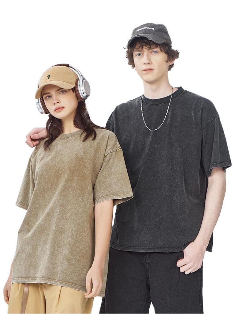 Vintage Distressed Snow Wash Drop Shoulder T-Shirt - US Size, 230G Pure Cotton, Short Sleeve Crew Neck