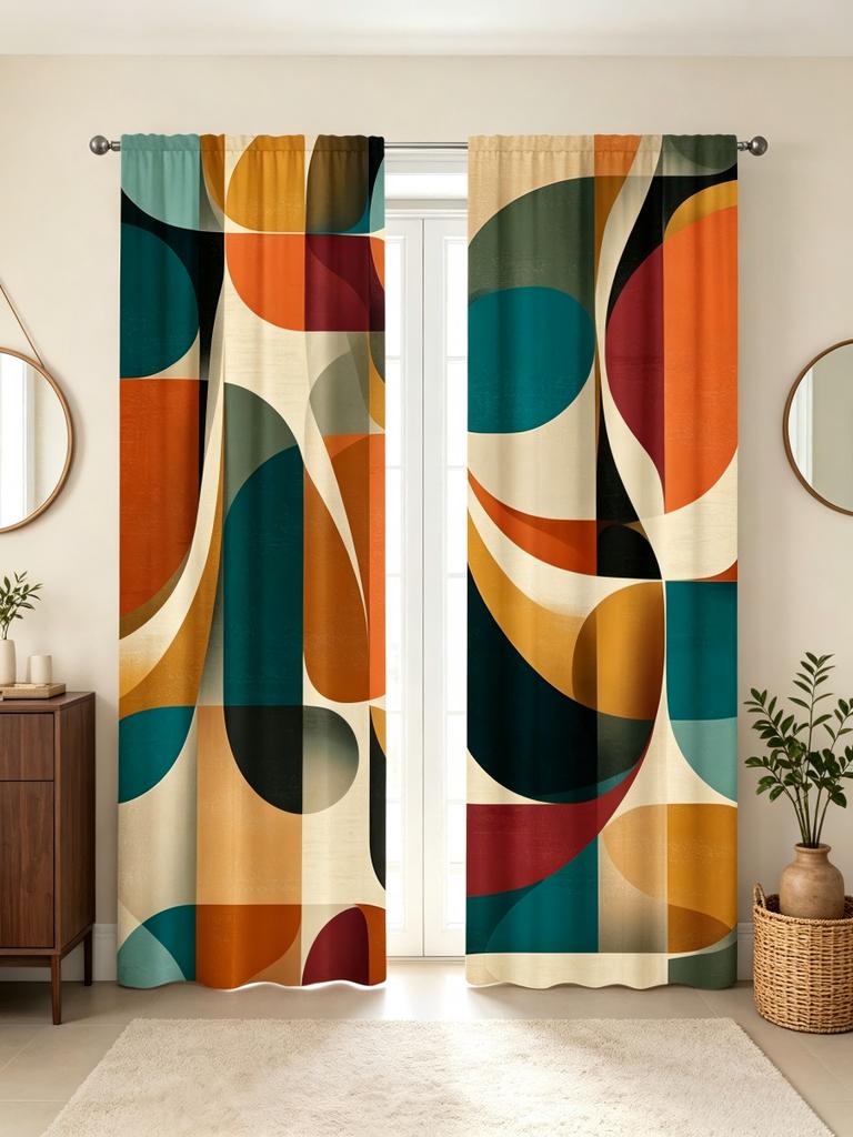 2 Pezzi Tenda Stampata Digitalmente, Moderno Motivo Geometrico Cerchio Arco, Tende Colorate Stile Retrò Mid-Century per la Casa