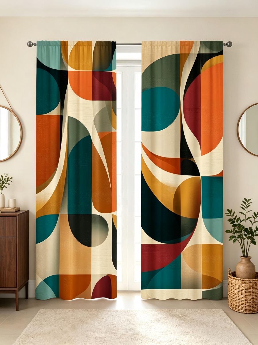 2PCS Digital Printed Curtain, Modern Geometric