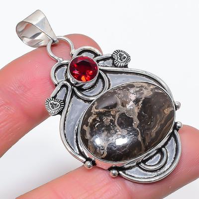Natürliches afrikanisches Moos, Granat 925 Sterlingsilber Schmuckanhänger 2,40" v5E05