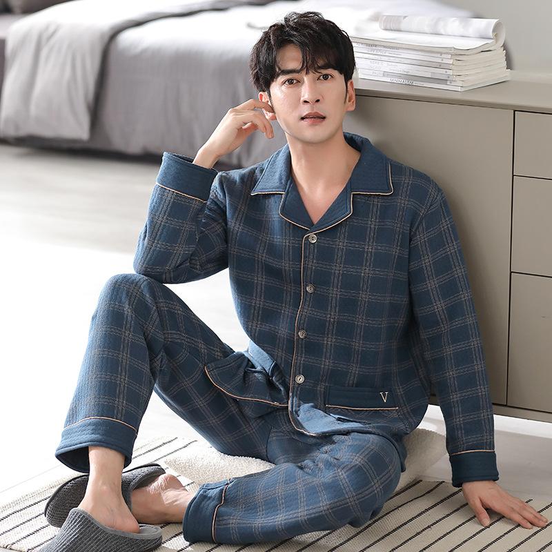 Air cotton sandwich pajamas men's autumn and winter thickened pure cotton long-sleeved men's winter thin padded large-size loungewear
