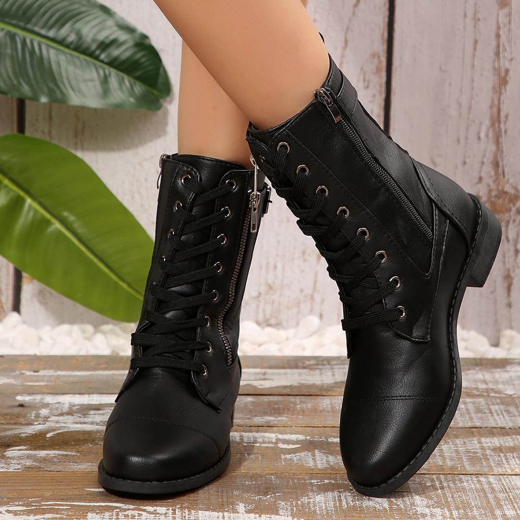 Winter New Ankle Boots for Women with Round Toe Straps, Thick Heel, Solid Color, Belt Buckle, Midsole, Women's Boots