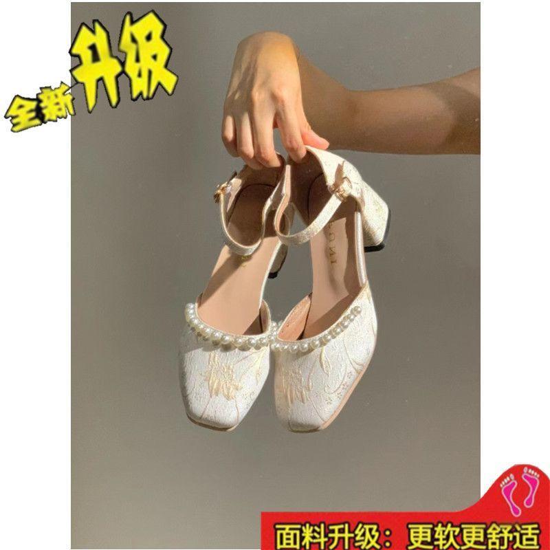 Новый китайский стиль с ципао жемчуг нежный стиль высокие каблуки женские толстый каблук новые антикварные Мэри Джейн универсальные туфли 34