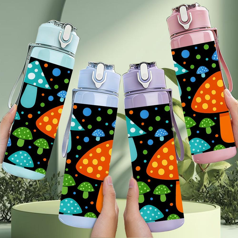 1PC Colorful Mushroom Fantasy Cartoon Print 750ml Color Plastic Sports Water Bottle Leakproof Flip Straw Lid Suitable for Sports Office Home Use