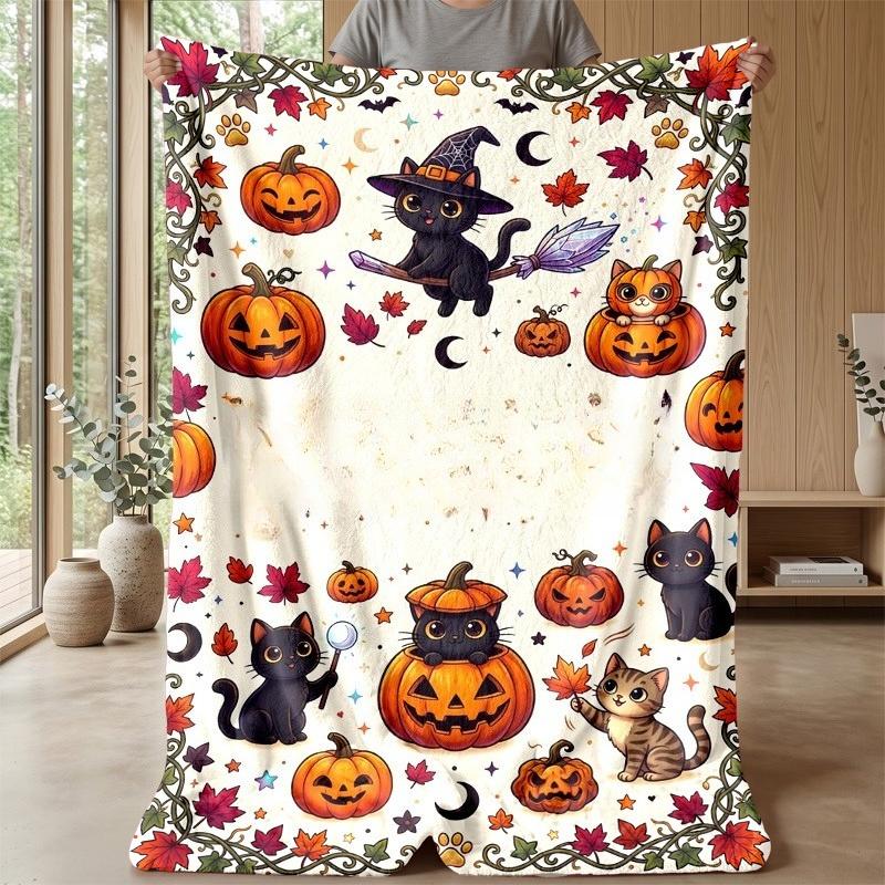 Halloween Black Cat Pumpkin Throw Blanket, Maple Leaf Moon Bat Print Soft Flannel Blanket for Sofa Bedroom Decor