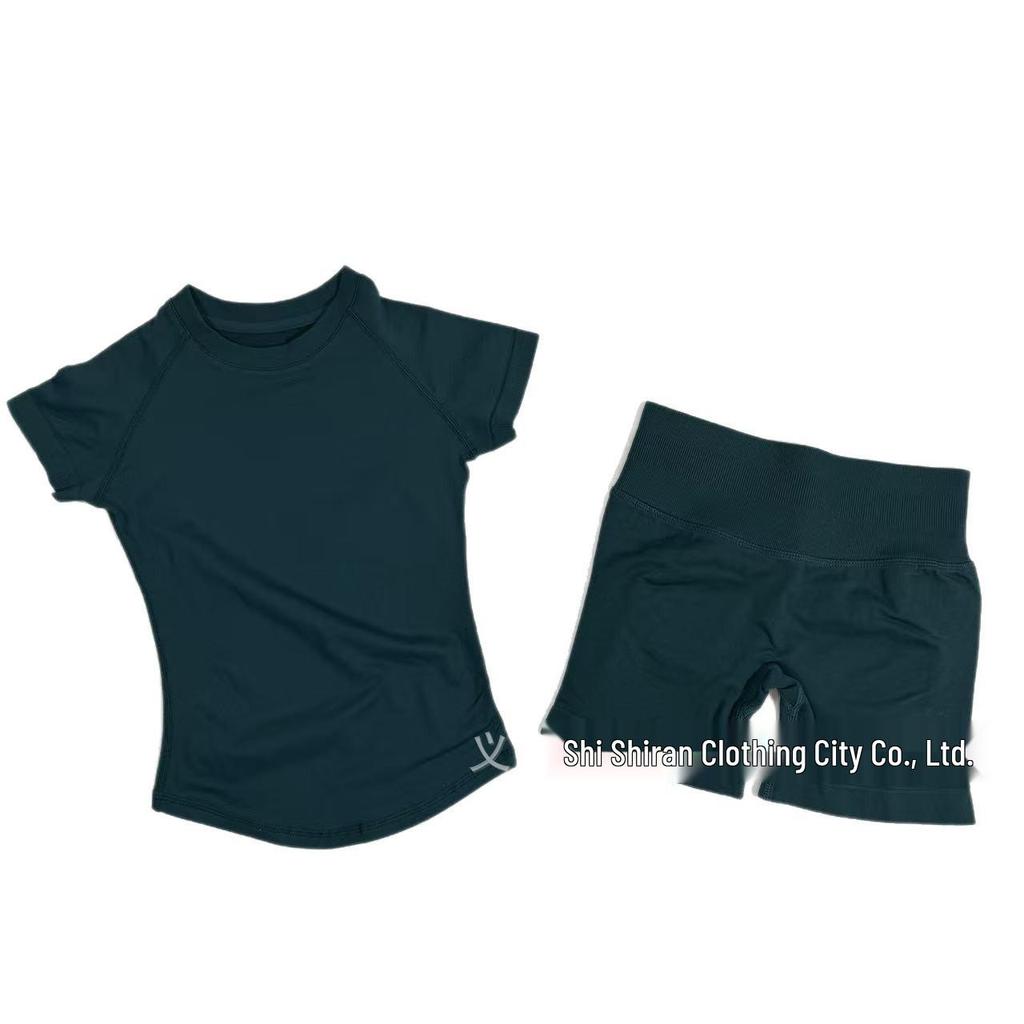 Damen nahtloses kurzärmeliges Sportset mit hoher Elastizität und atmungsaktivem schweißableitendem T-Shirt