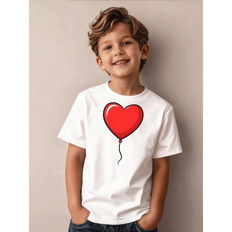 Boys Black Heart Balloon Print Crewneck Short Sleeve Tee, Casual Sport Daily Top 110 белый