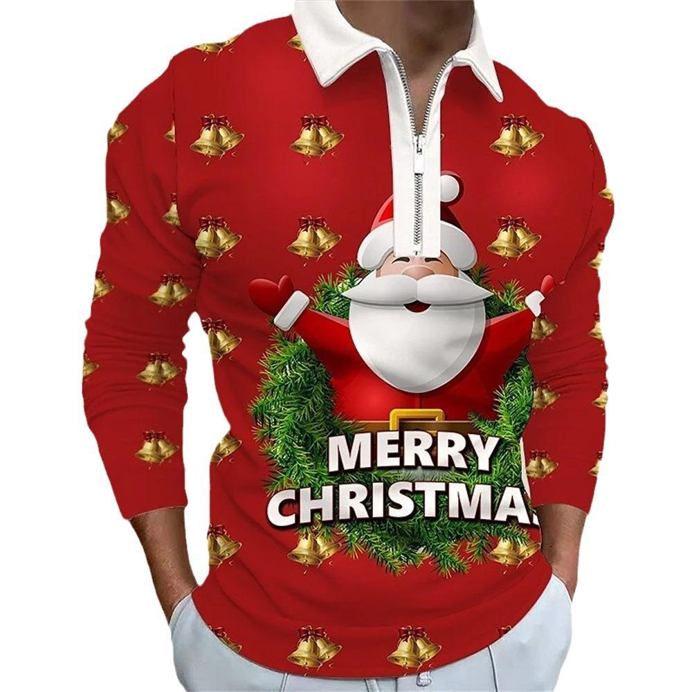 Father Christmas cartoon pattern digital 3D printing polo shirt large size loose men's zip lapel shirt