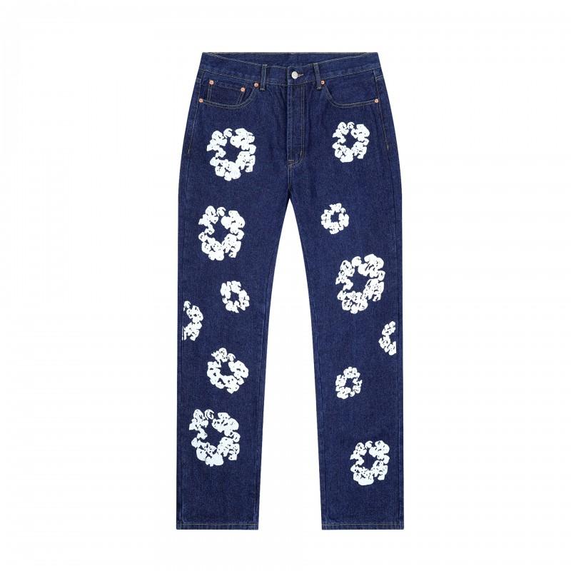 Streetwear Cotton Denim Jacket Pants Set With Floral Print Unisex Fall Outfit