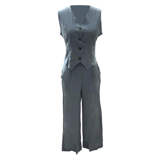 Linen Two-Piece Set Chic Vest Wide Leg Pants Office Lady Outfit Slim Fit Summer Suit for Work Party Vacation
