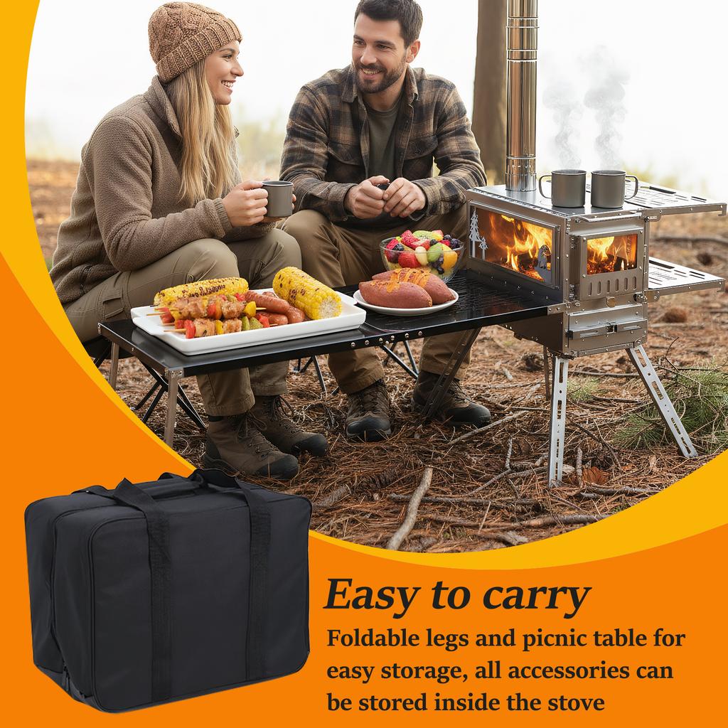 Small Camping Wood Stove with Oven & Camping Table with Chimney Pipe Stainless Steel for Cooking Hiking Fishing Backpacking