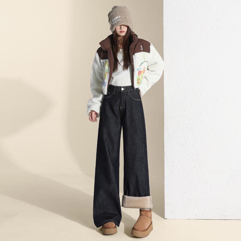 Women's Retro Dark Blue High-Waisted Fleece-Lined Wide-Leg Jeans for Autumn/Winter