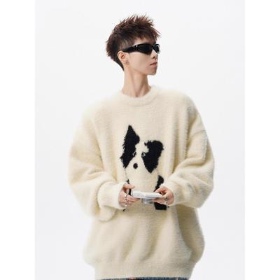 Men's Cartoon Puppy Mohair Pullover - Winter Lazy Casual Knitwear Round Neck Sweater for Couples