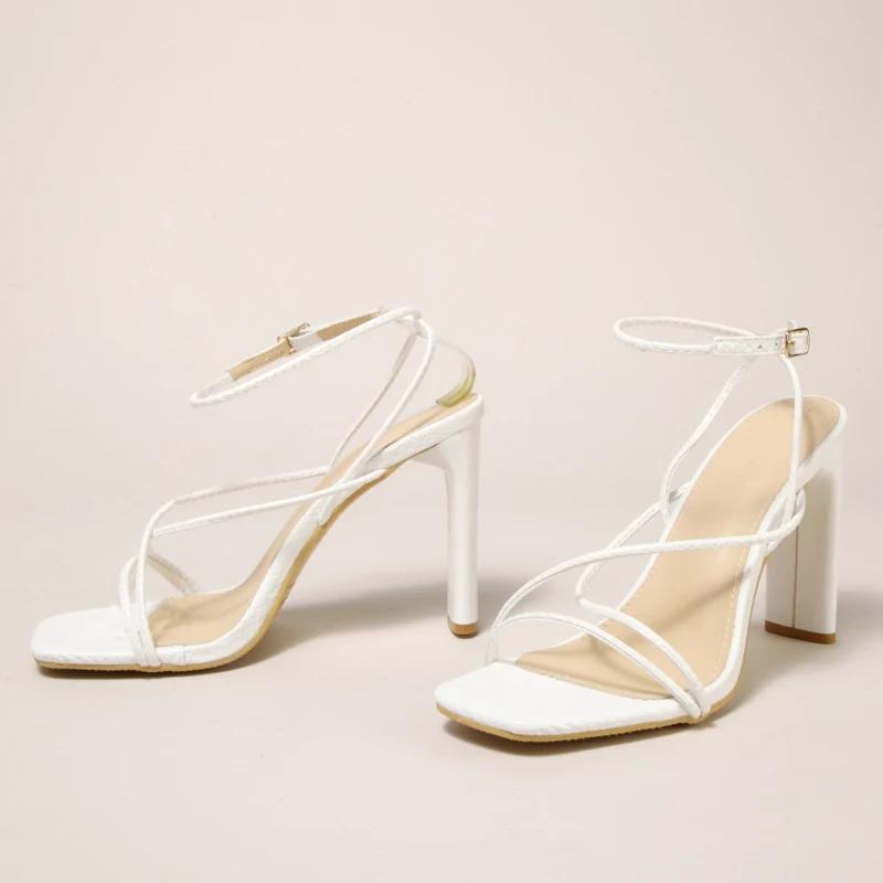 Dámské sandály s otevřenou špičkou, úzkým páskem, přezkou, lodičky, módní, letní, pásek s přezkou, čtvercový vysoký podpatek, dámské boty