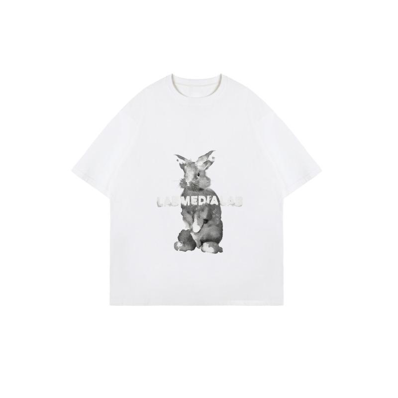 Oversized T-Shirt Black Rabbit Print With Lab Media Lab Text Casual Streetwear For Women