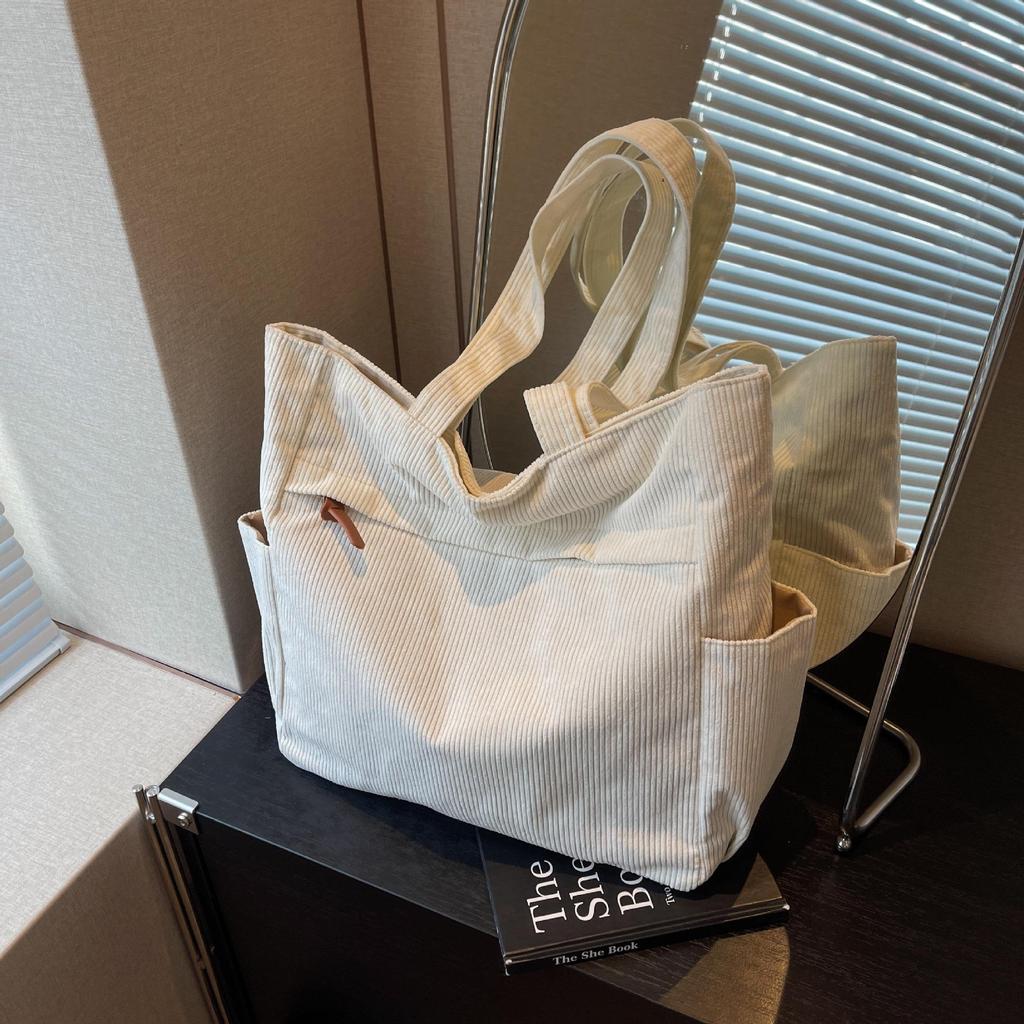 Women's Large Corduroy Tote Bag - Versatile Solid Color Shoulder Handbag