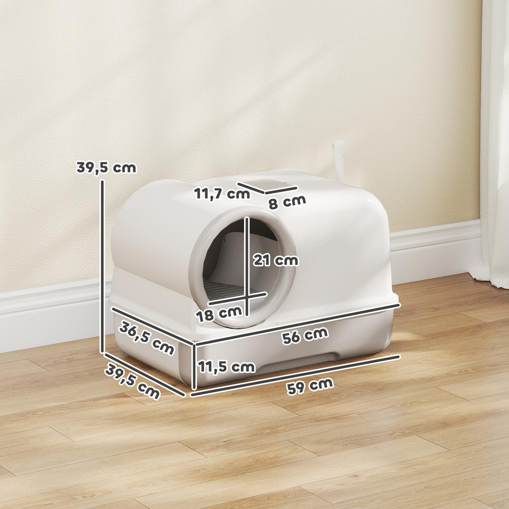 Cat Litter Box with Lid, Scoop, Pull-out Tray, 2 Activated Carbon Filters, for Cats Up To 5 Kg, 59x39.5x39.5cm, White+Grey