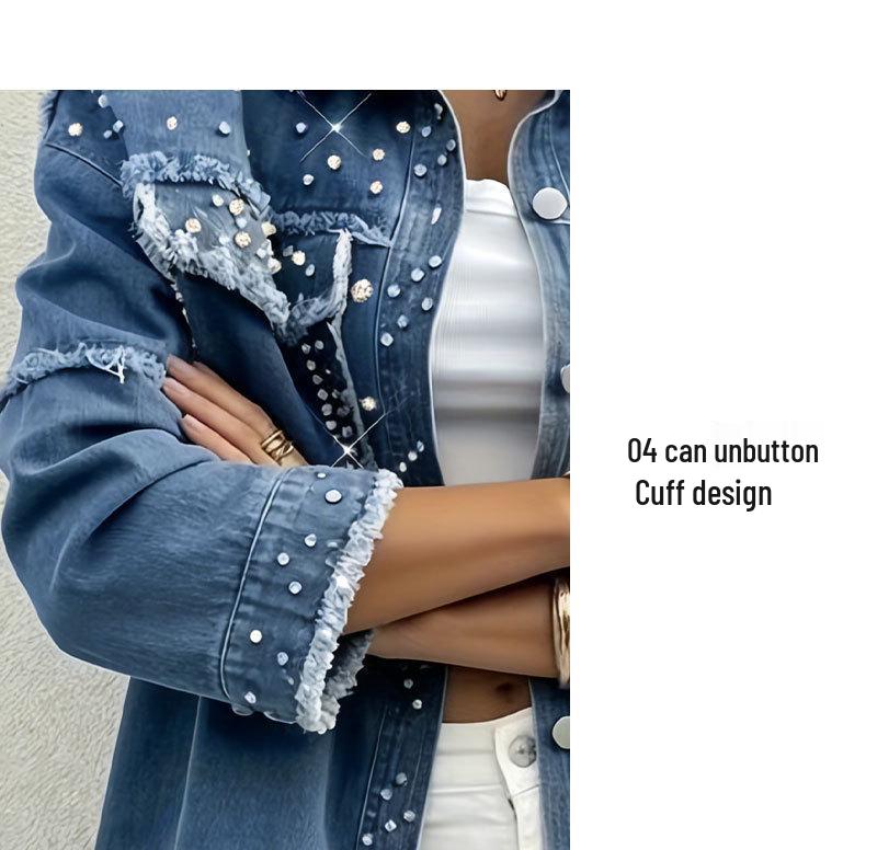 Beaded Long Lapel Oversize Blue Denim Jacket for Women