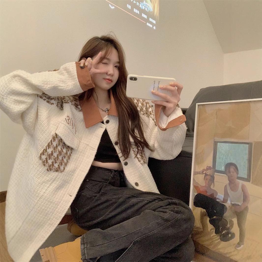 

2024 Куртка-бомбер с длинным рукавом в гусиную лапку с цветными блоками - Зимний стиль Утепленное пальто M