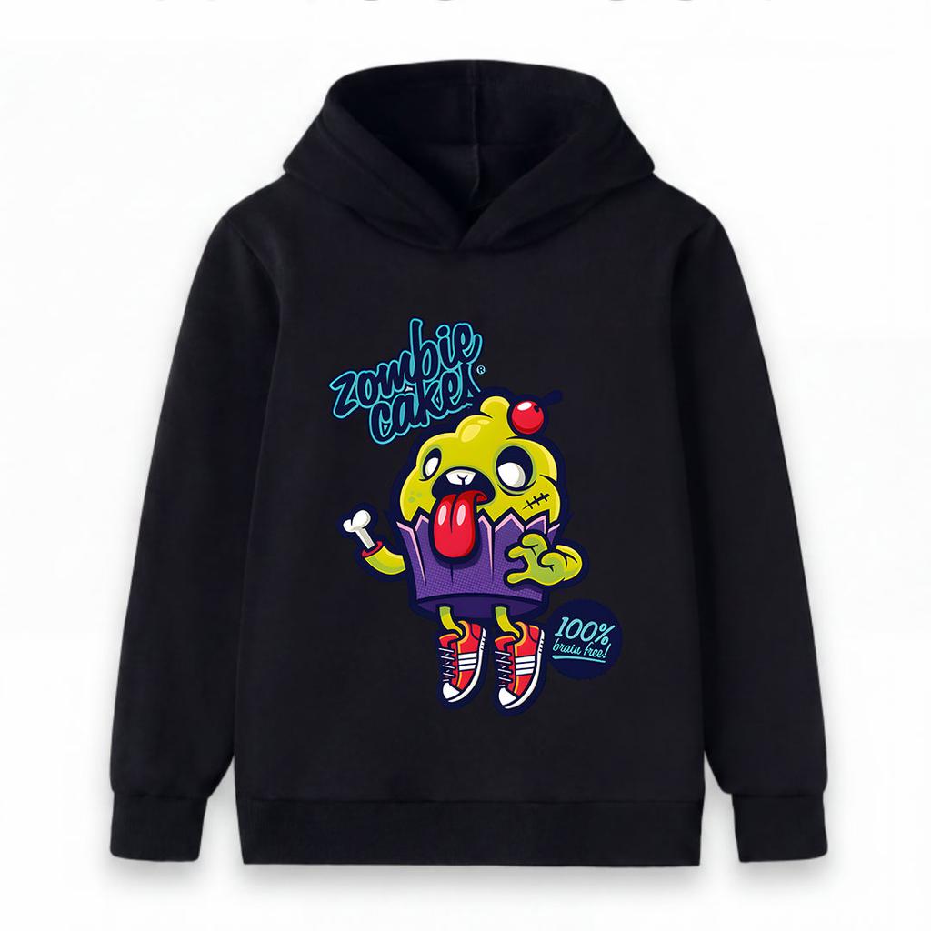 Kids Boys Girls Pullover Hoodie, Funny Zombie Cupcake Print Long Sleeve Casual Hooded Sweatshirt, Comfortable Soft Halloween r