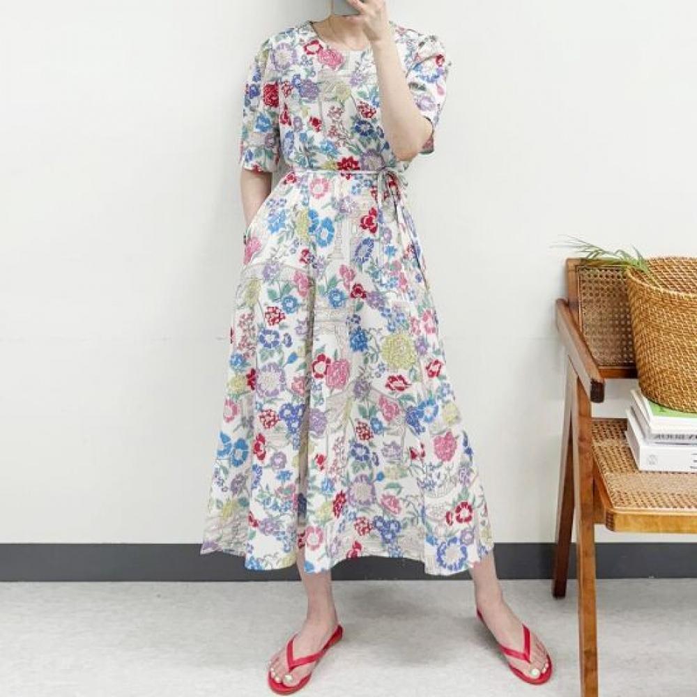 Mizqz Garden Flower Waist Ribbon Puff Sleeve Vacation Long Dress