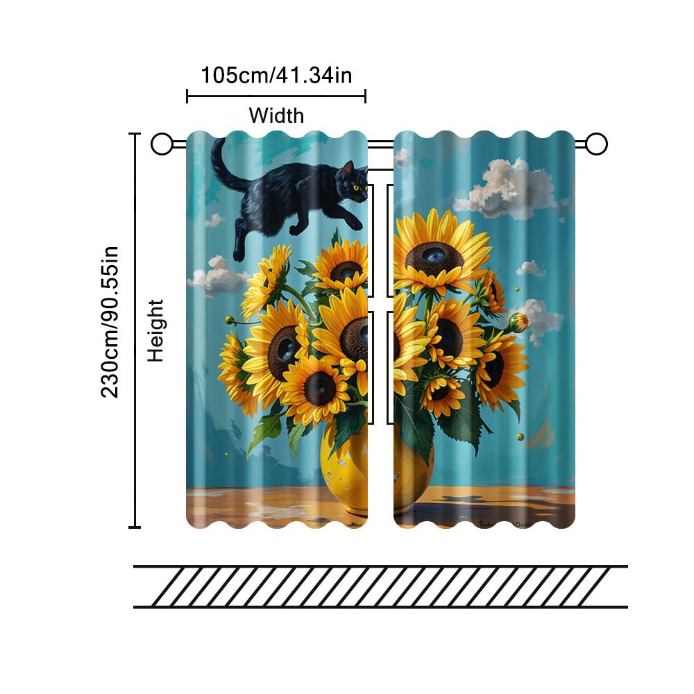 2 Pcs, Filtering Curtains (excluding Rods, Non-movable, Without Batteries) Funny Black Cat Vase for Use In Bedrooms and Living