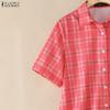 ZANZEA Women Grid Print Casual Turn Down Collar Short Sleeve Blouse