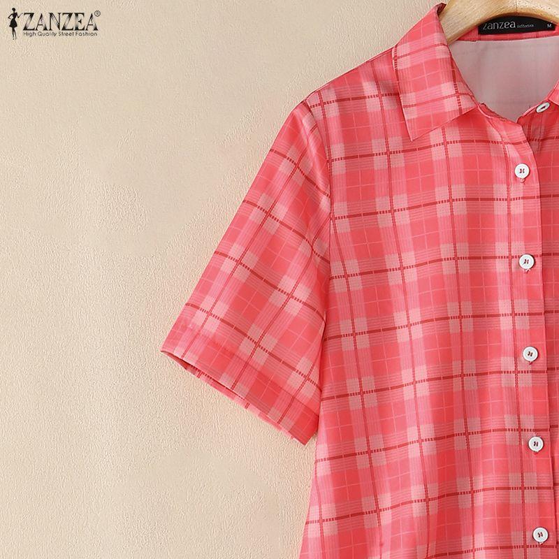 ZANZEA Women Grid Print Casual Turn Down Collar Short Sleeve Blouse