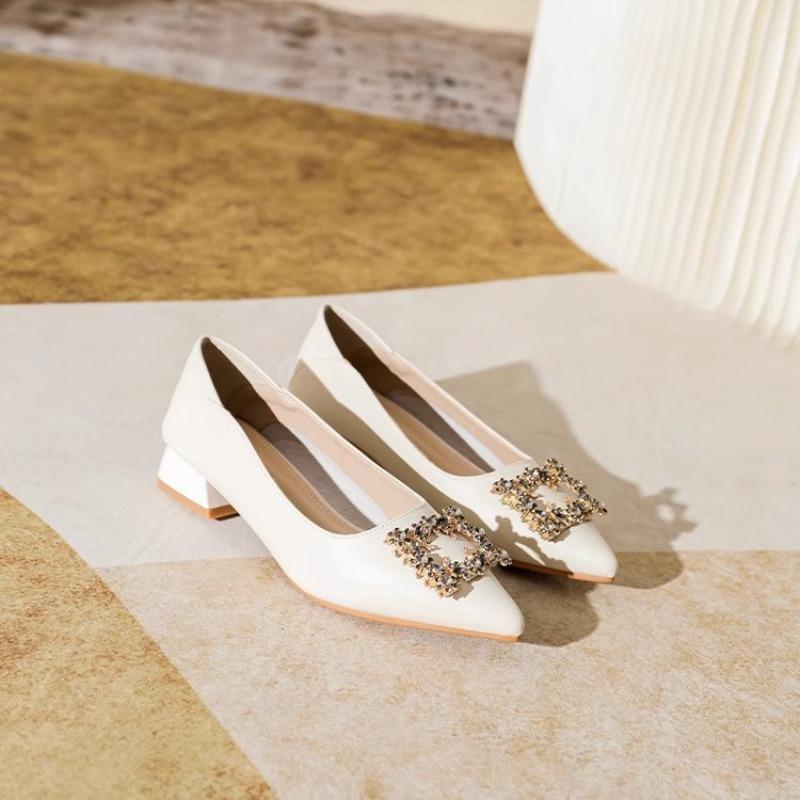 Qianjin Wind Thick Heel Single Shoes Women's Spring New Pointed Head Shallow Mouth Square Buckle Rhinestone Versatile Temperament High Heels