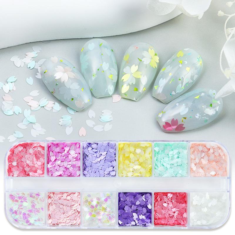 6/12 Komórki Płatki Kwiatu Wiśni Brokatowe Sequins Holograficzne Płatki do Zdobienia Paznokci Mieszane Iridescentne Proszki Dekoracja Paznokci
