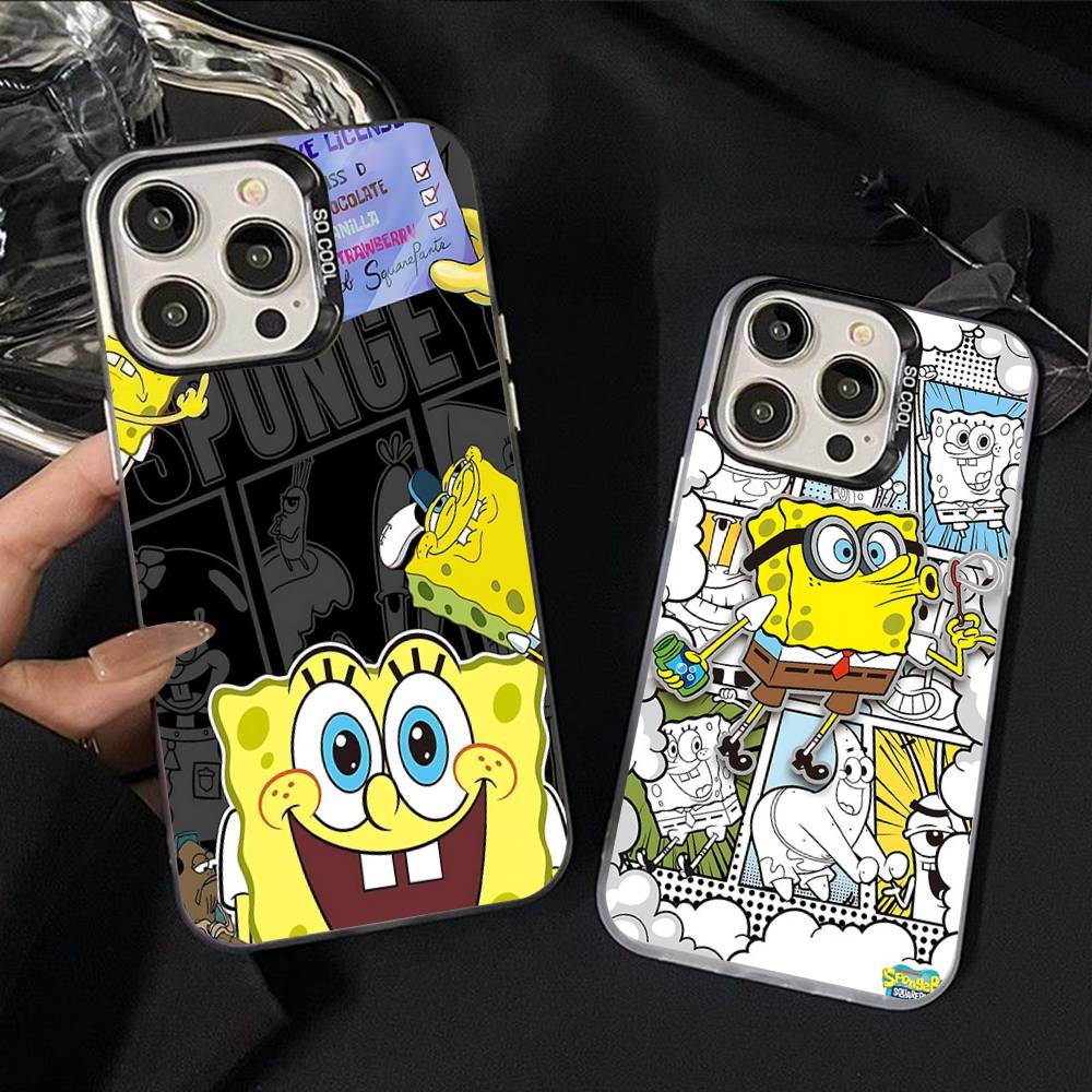 Cartoon Niedlich S-SpongeBob Anime Handyhülle Für IPhone 17 16 15 14 11 12 13 Pro Max Pro Plus Farbige Silberne Hülle