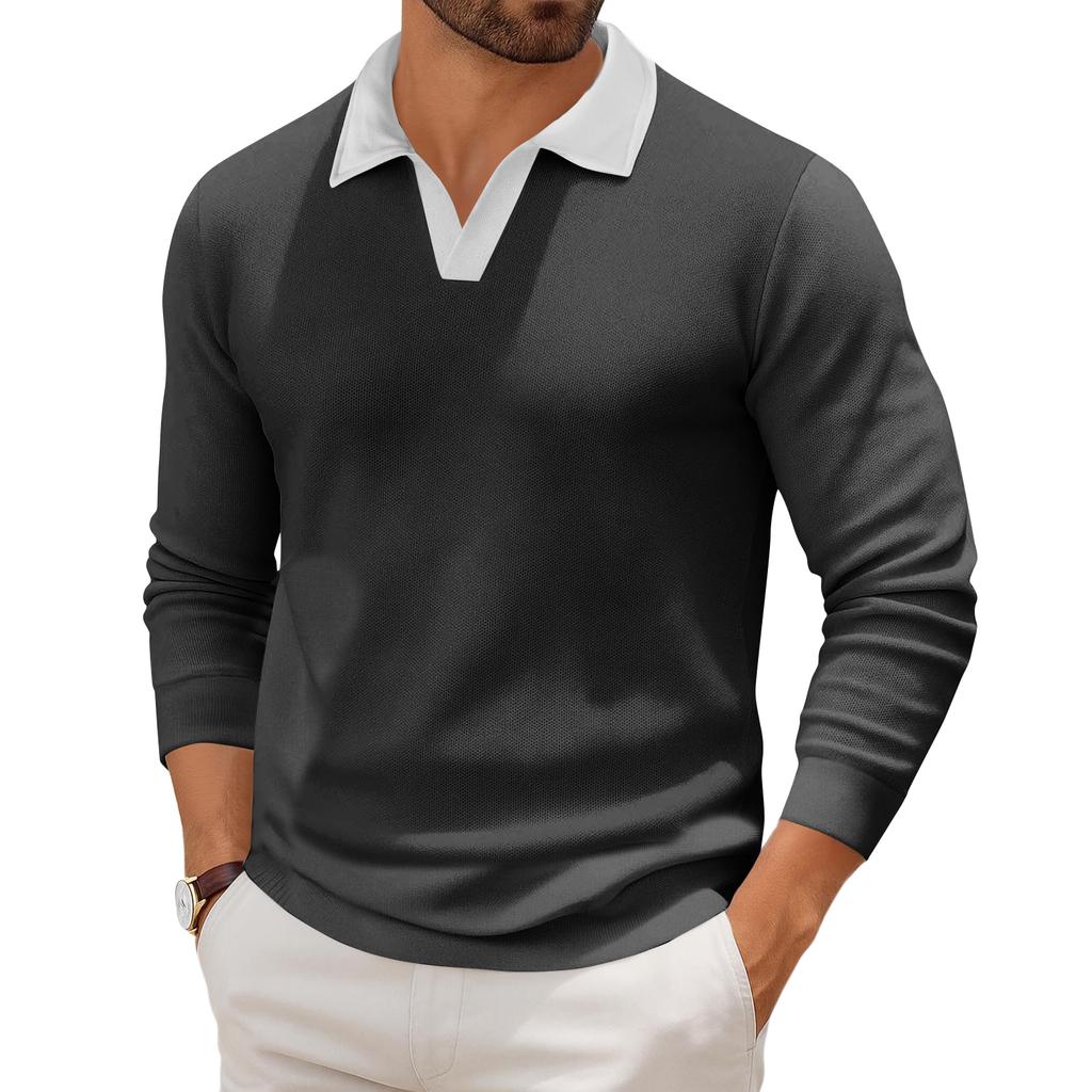 Men's Casual Color-Block Collared Long-Sleeve Knit Base Layer Top