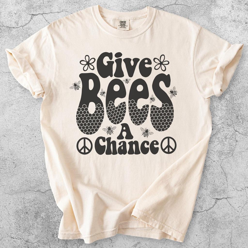 Give Bees A Chance T-Shirt, Groovy Retro Honeycomb Tee, Hippie Peace Sign Top, Nature Lover Pollinator Gift, Save The Earth Shirt
