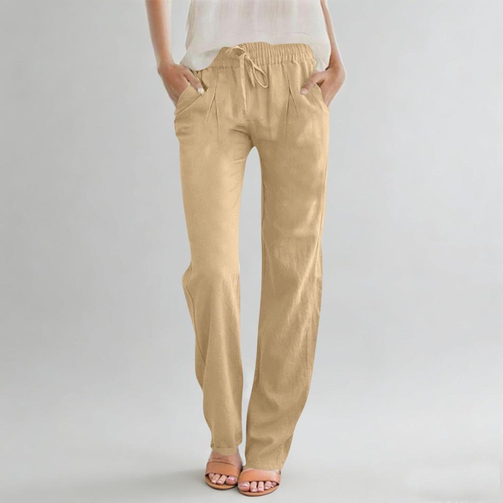 Pantalon décontracté pour femme en coton et lin, droit, à cordon de serrage, taille haute, ample, pantalon de plage avec poche