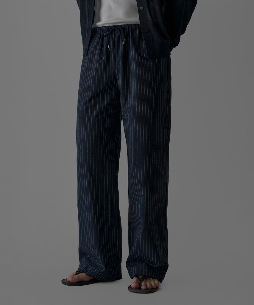 Baulopeulodeogteu Linen Striped Elastic Waist Pants [Navy]