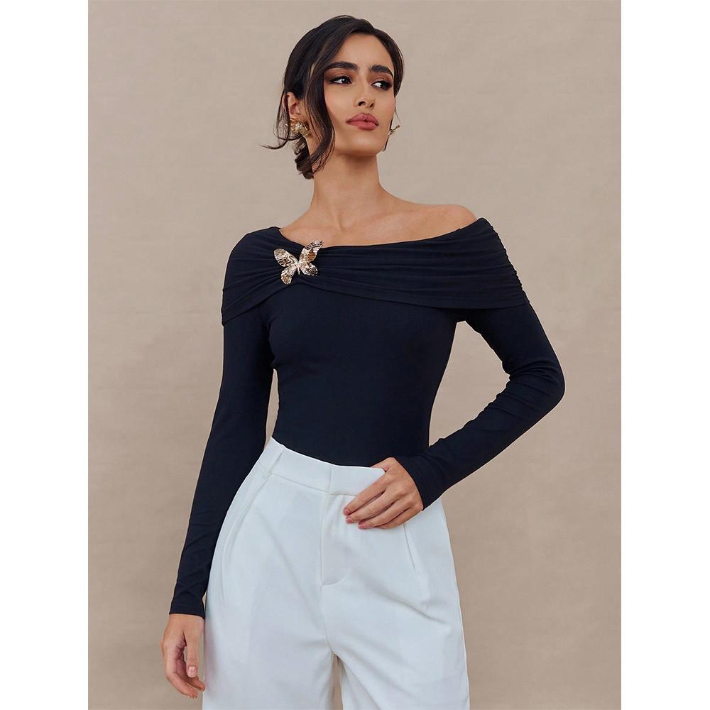 

Women s Off The Shoulder Long Sleeve Ruched T Shirts Dressy Fitted Going Out Tees 2XL