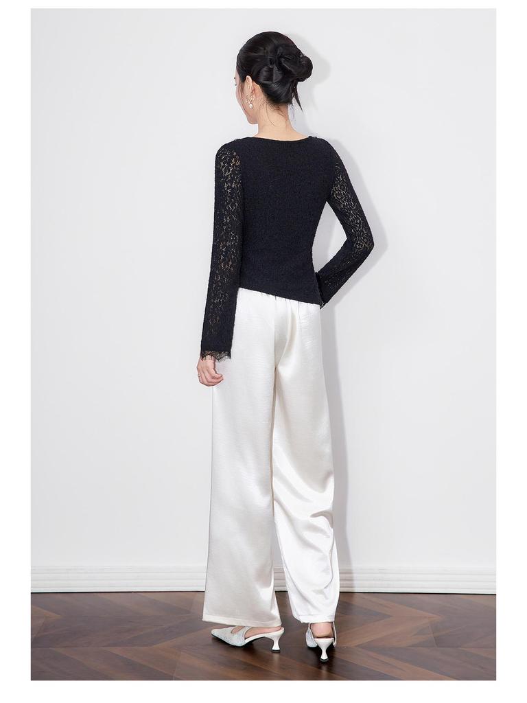 Nanyou Elegantes Französisches Ein-Schulter Perlen-Spitzen-T-Shirt