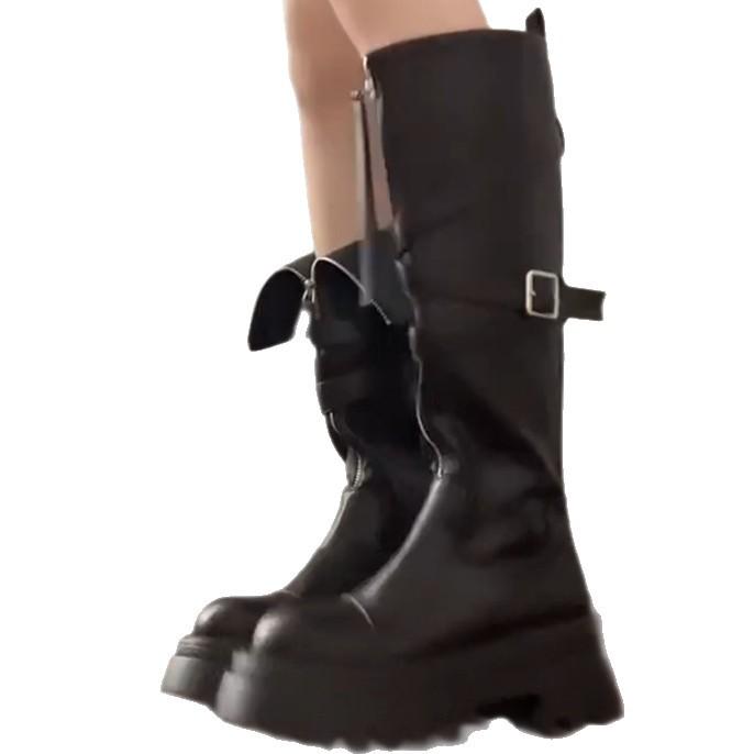 2025 Autumn and Winter Belt Buckle Thick-soled Leather Boots Cool Locomotive Knight Boots Women's European and American Front Zipper Two Wear F