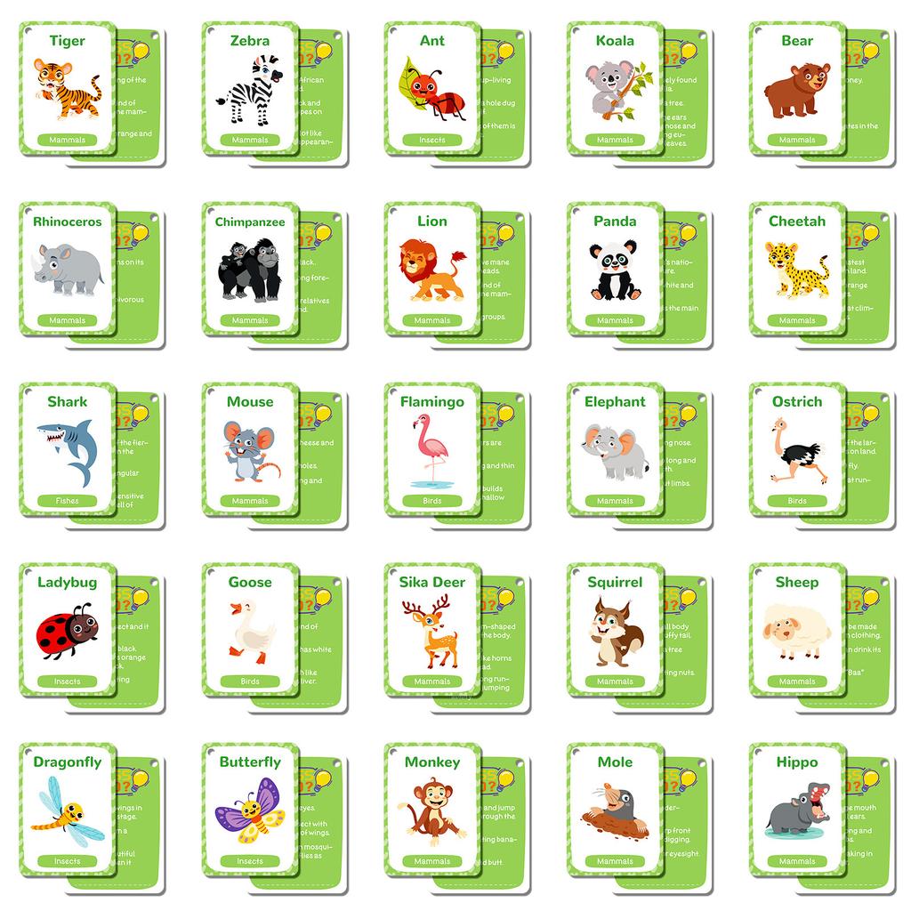50PCS Animal Cognition Flash Cards Children's Early Education Word Recognition Paper Cards English Learning Educational Toys