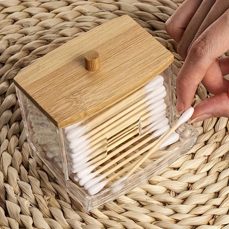 1pc Bamboo-covered Cotton Swab Box, Acrylic Round Storage Cup, Transparent Cotton Pad Box
