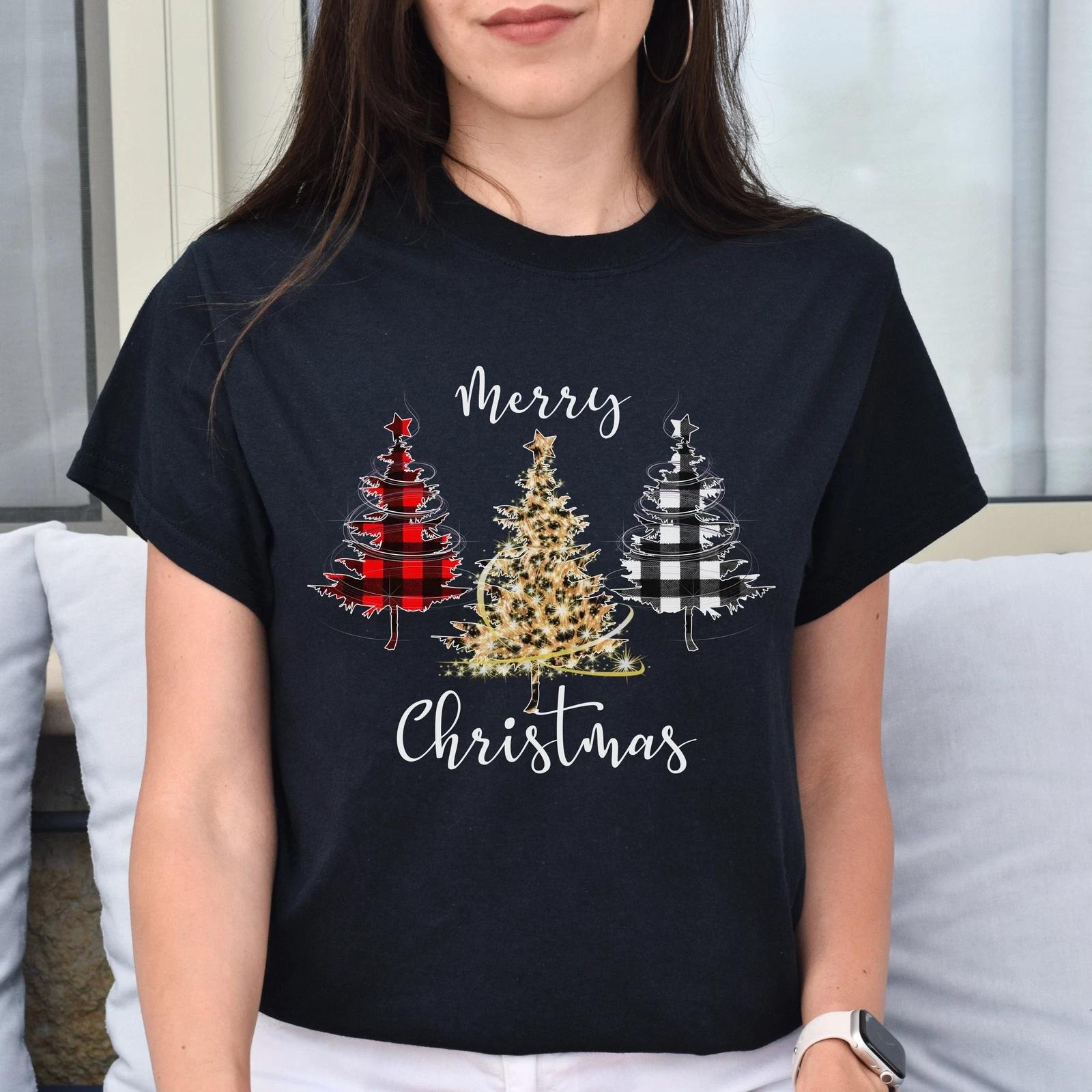 Merry Christmas Unisex shirt cute Holiday trees tee Black Dark Heather XL